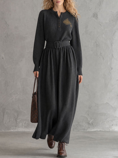 Vintage Elegant Embroidered Grey Henley Collar Belted Knit Maxi Dress