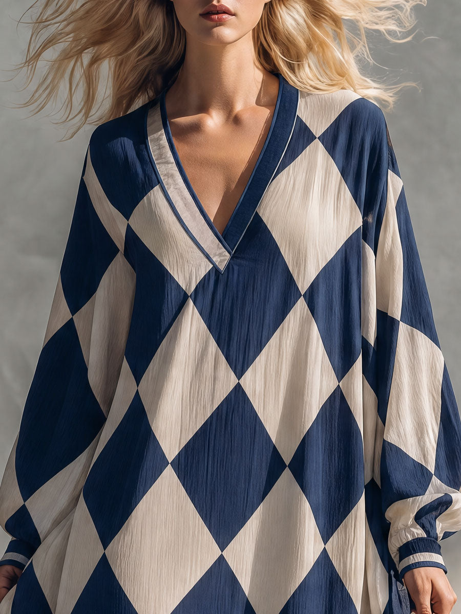 Retro-elegant Blue Diamond-patterned Cotton Maxi Dress