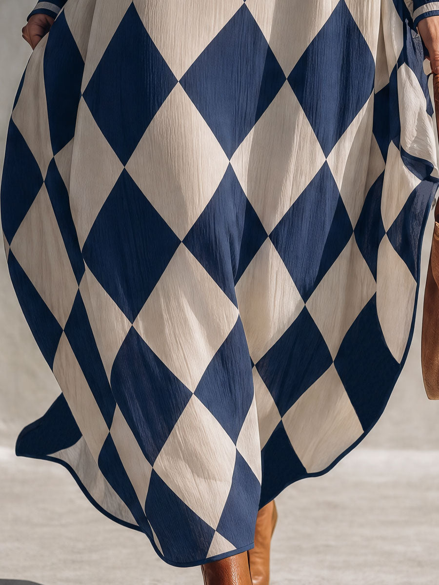 Retro-elegant Blue Diamond-patterned Cotton Maxi Dress