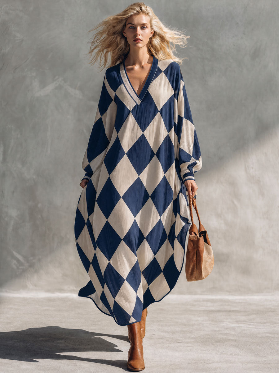 Retro-elegant Blue Diamond-patterned Cotton Maxi Dress