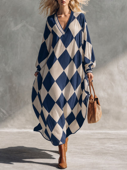Retro-elegant Blue Diamond-patterned Cotton Maxi Dress
