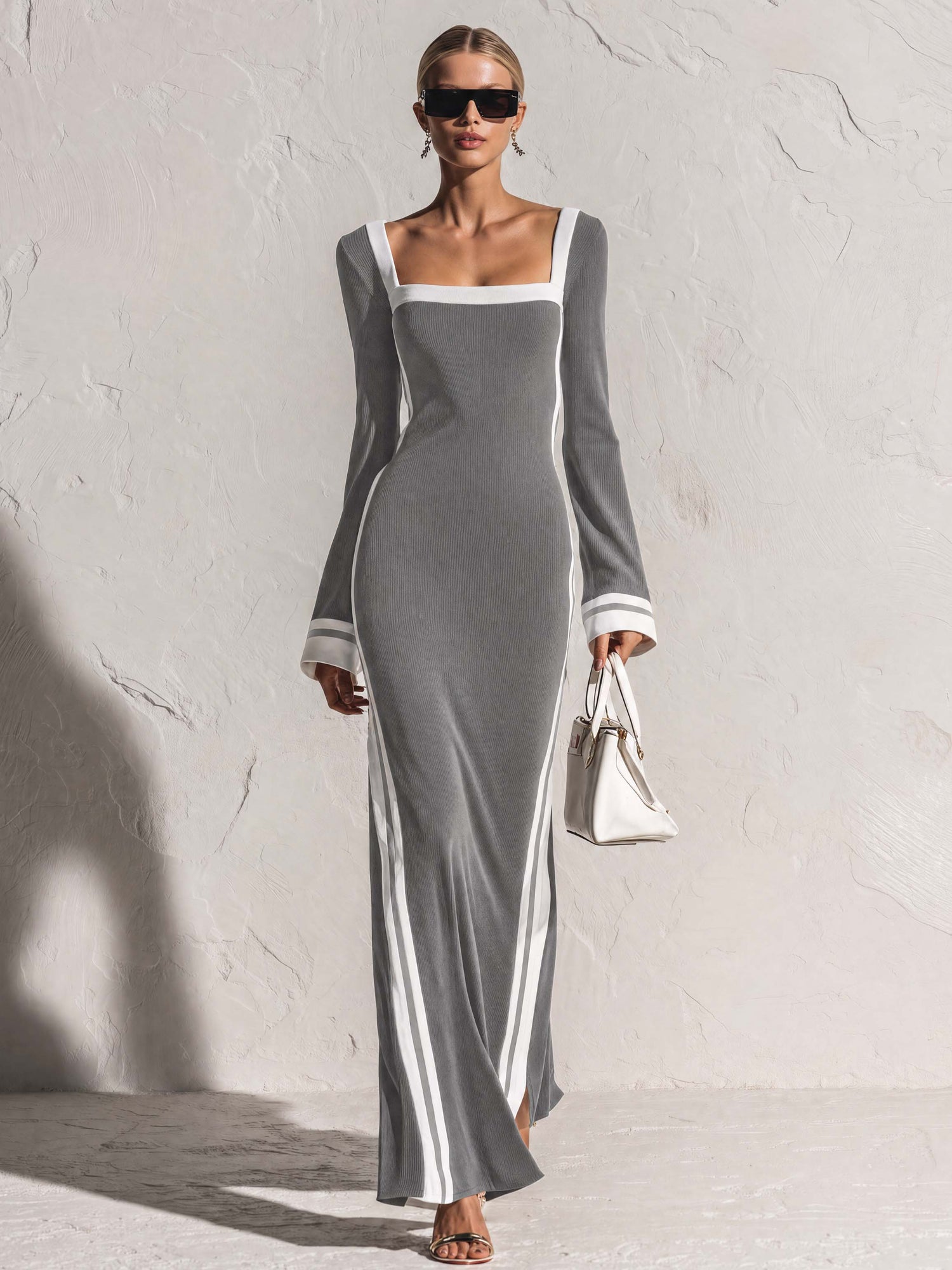 Elegant Retro White-trimmed Square Neck Light Gray Knit Maxi Dress