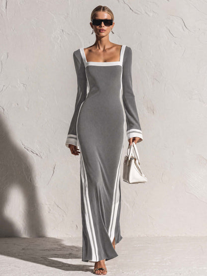 Elegant Retro White-trimmed Square Neck Light Gray Knit Maxi Dress