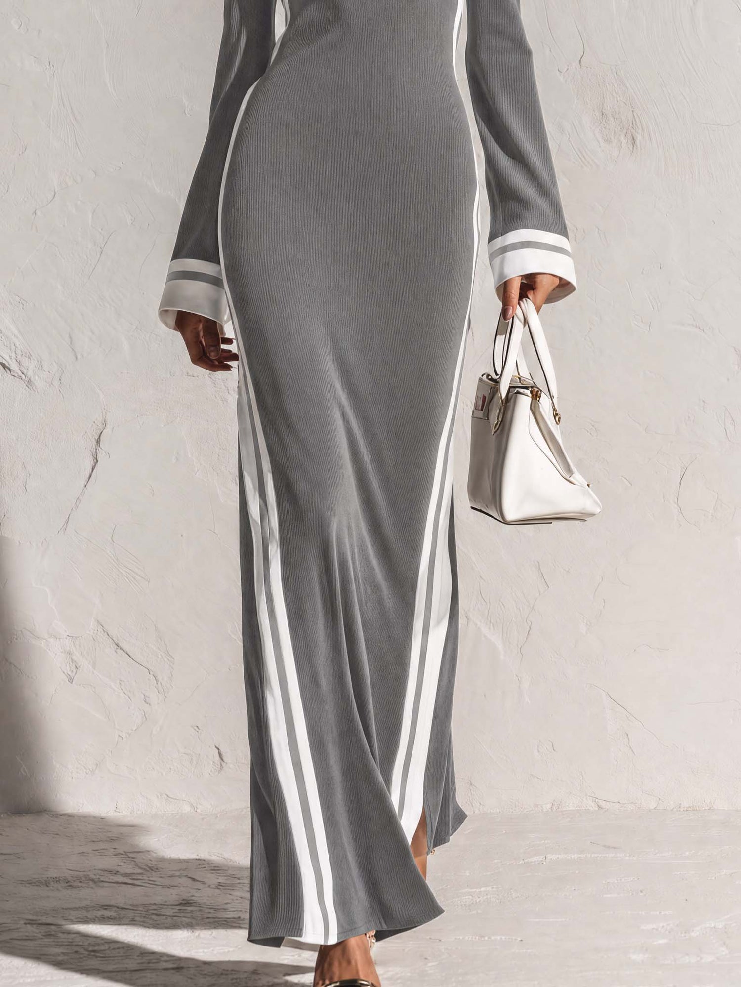 Elegant Retro White-trimmed Square Neck Light Gray Knit Maxi Dress