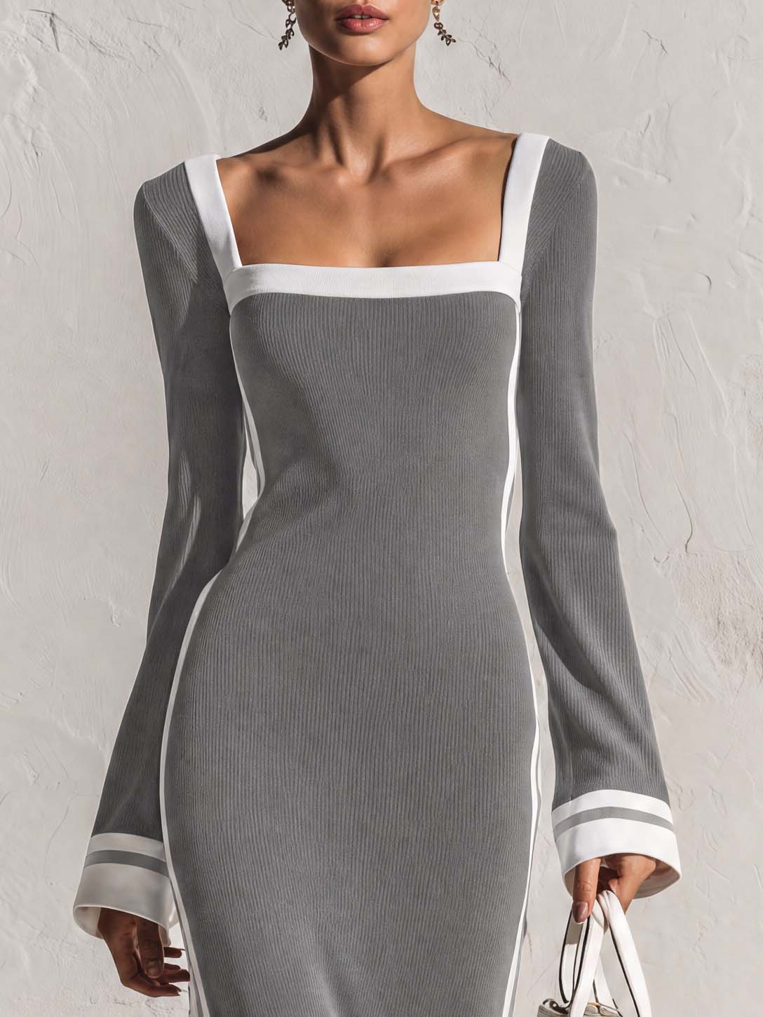 Elegant Retro White-trimmed Square Neck Light Gray Knit Maxi Dress