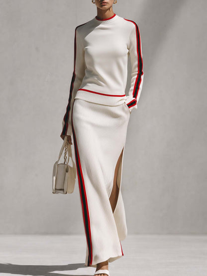 Elegant Retro Red Trim Cream Knit Top And Slit Maxi Skirt Set