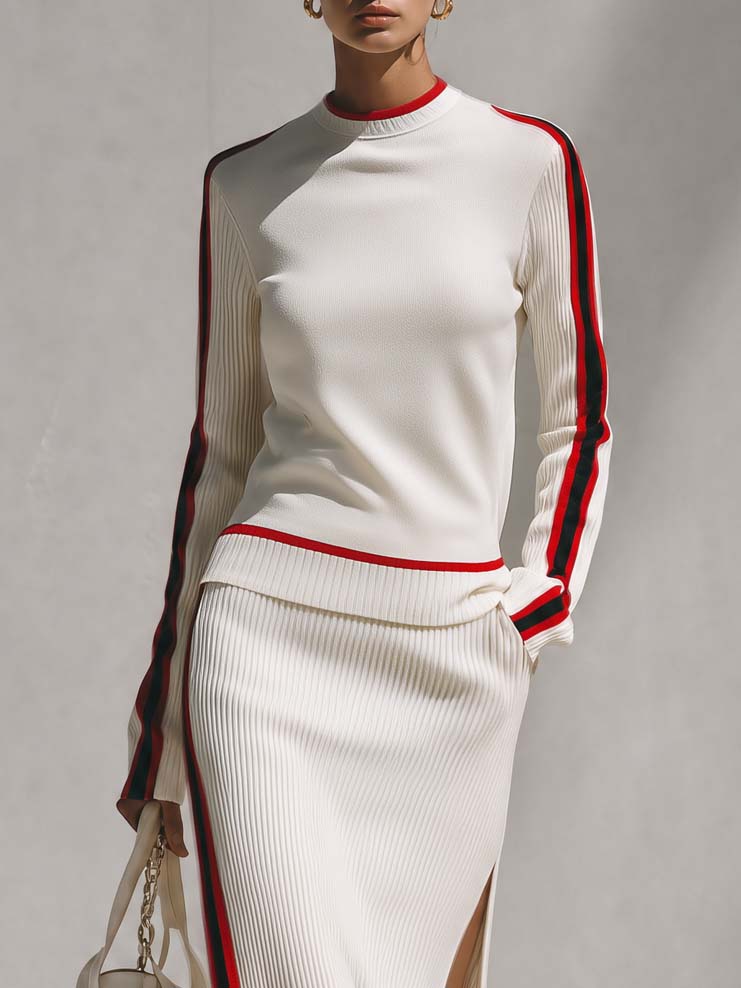 Elegant Retro Red Trim Cream Knit Top And Slit Maxi Skirt Set