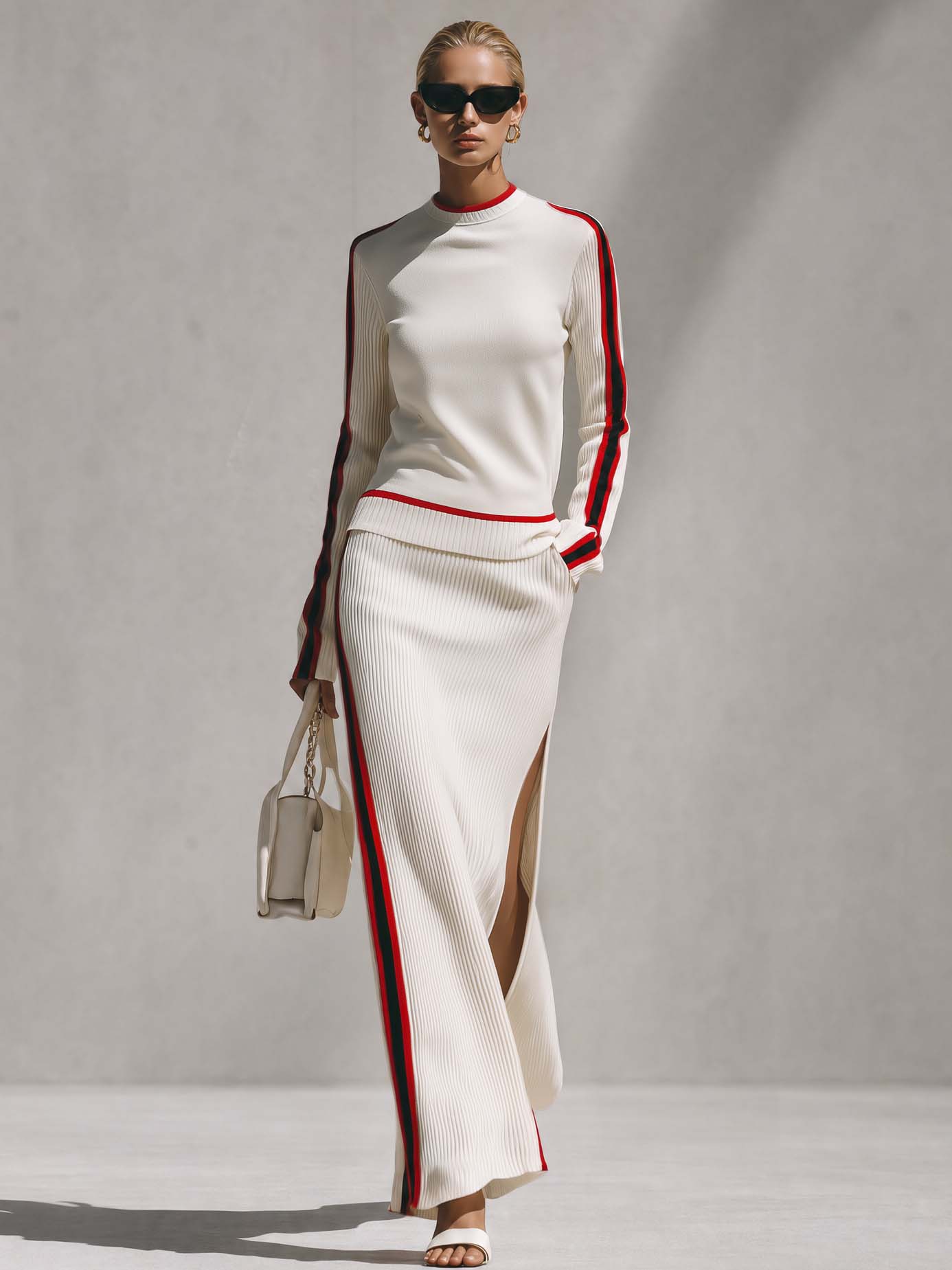 Elegant Retro Red Trim Cream Knit Top And Slit Maxi Skirt Set