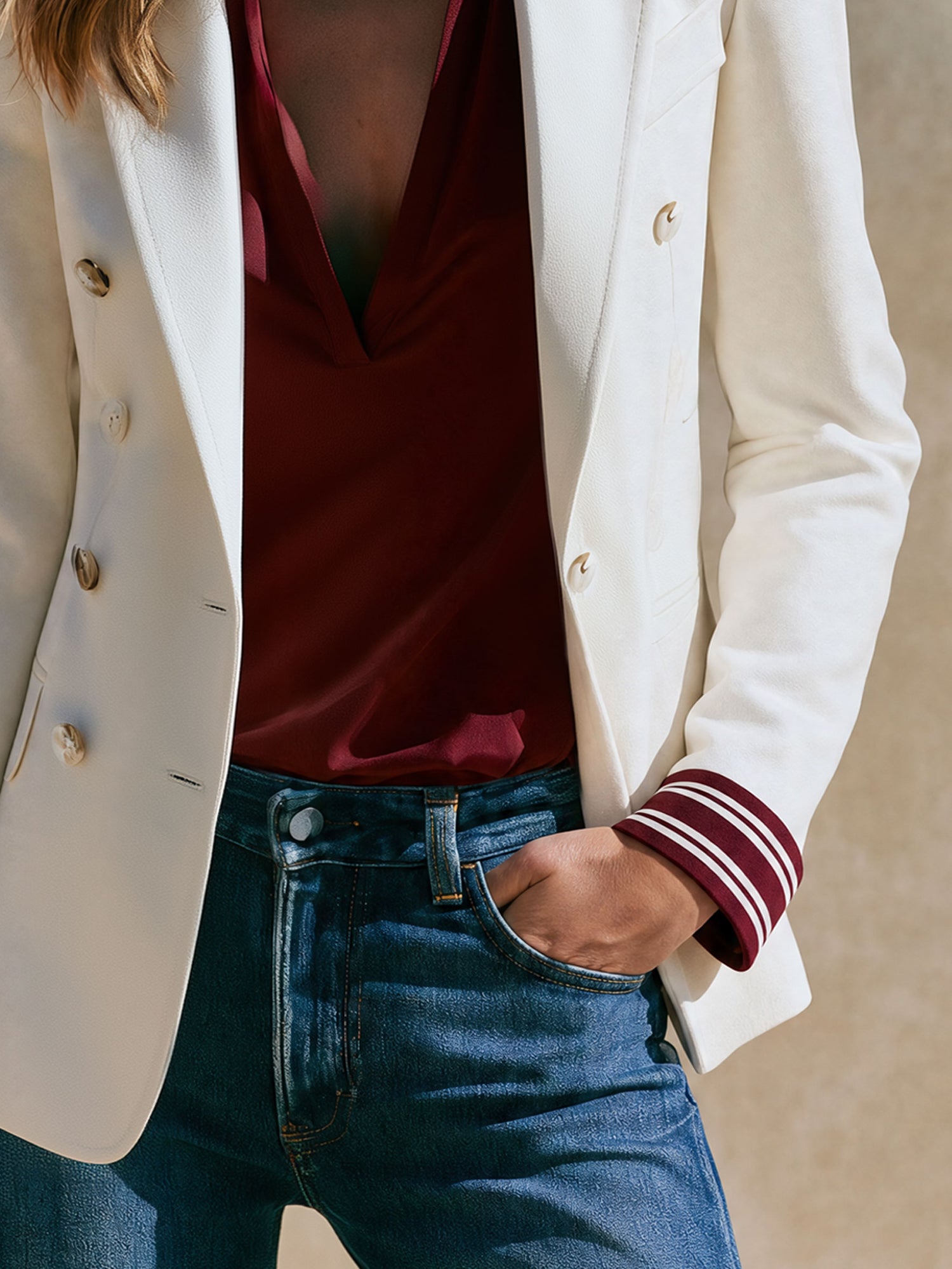 Stylish And Casual Striped Sleeve White Blazer