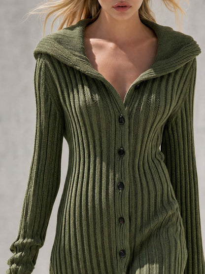 Elegant Cozy Olive Hooded Deep-V Button-Up Fitted Ribbed Knit Mini Dress
