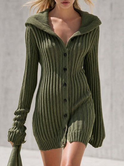 Elegant Cozy Olive Hooded Deep-V Button-Up Fitted Ribbed Knit Mini Dress
