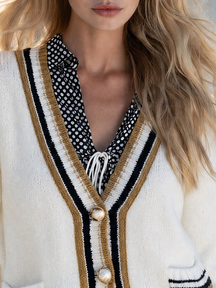Retro-style Color-blocked White Knit Cardigan