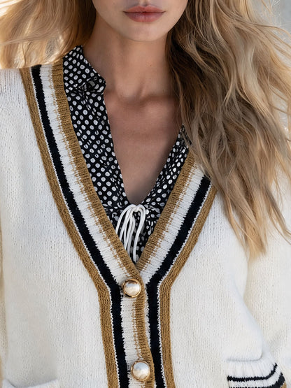Retro-style Color-blocked White Knit Cardigan