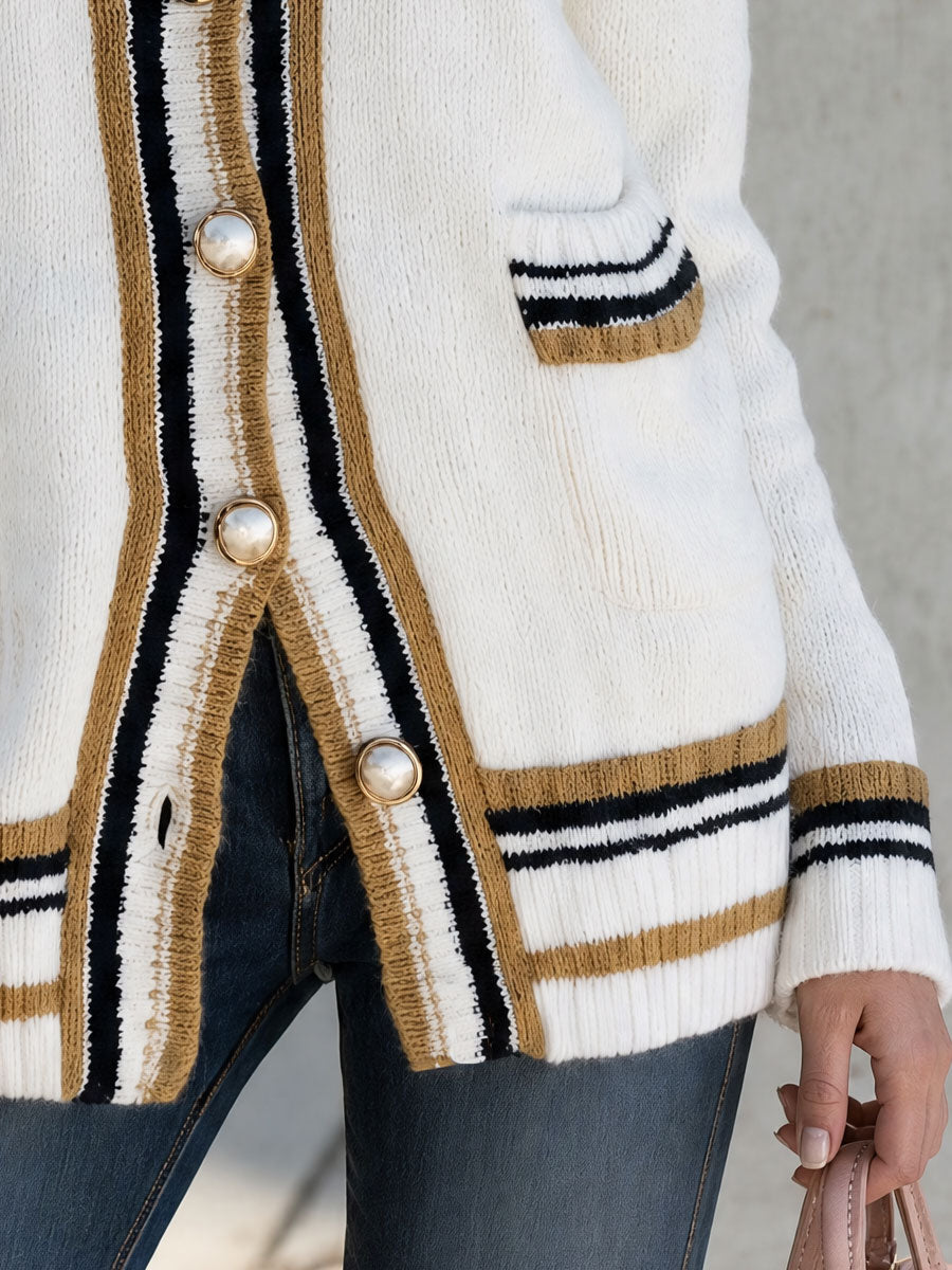Retro-style Color-blocked White Knit Cardigan