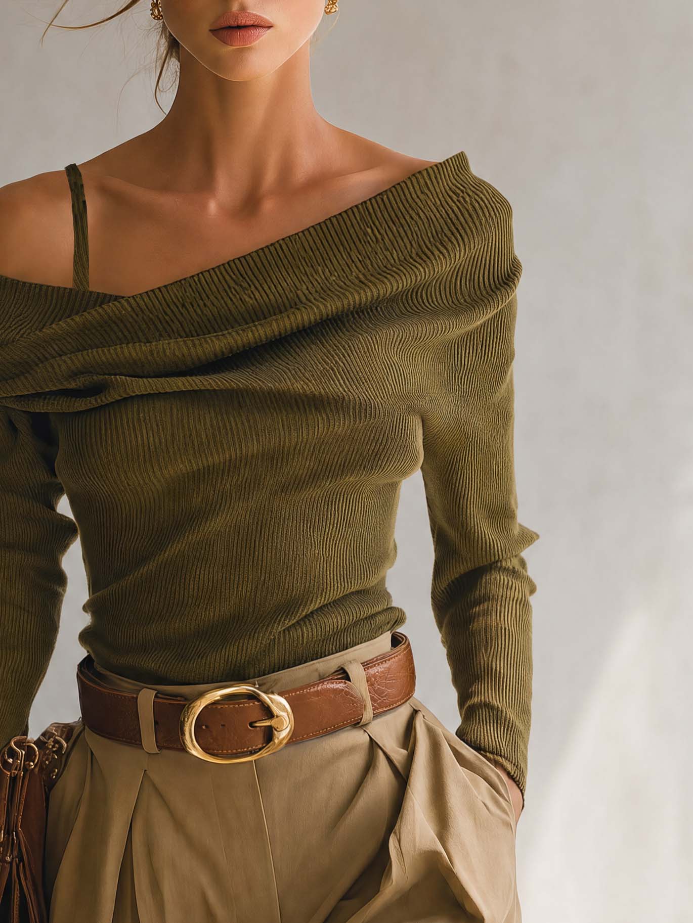 Olive Ribbed Knit Asymmetric Off-Shoulder Foldover Long-Sleeve Fitted Sweater Top Women