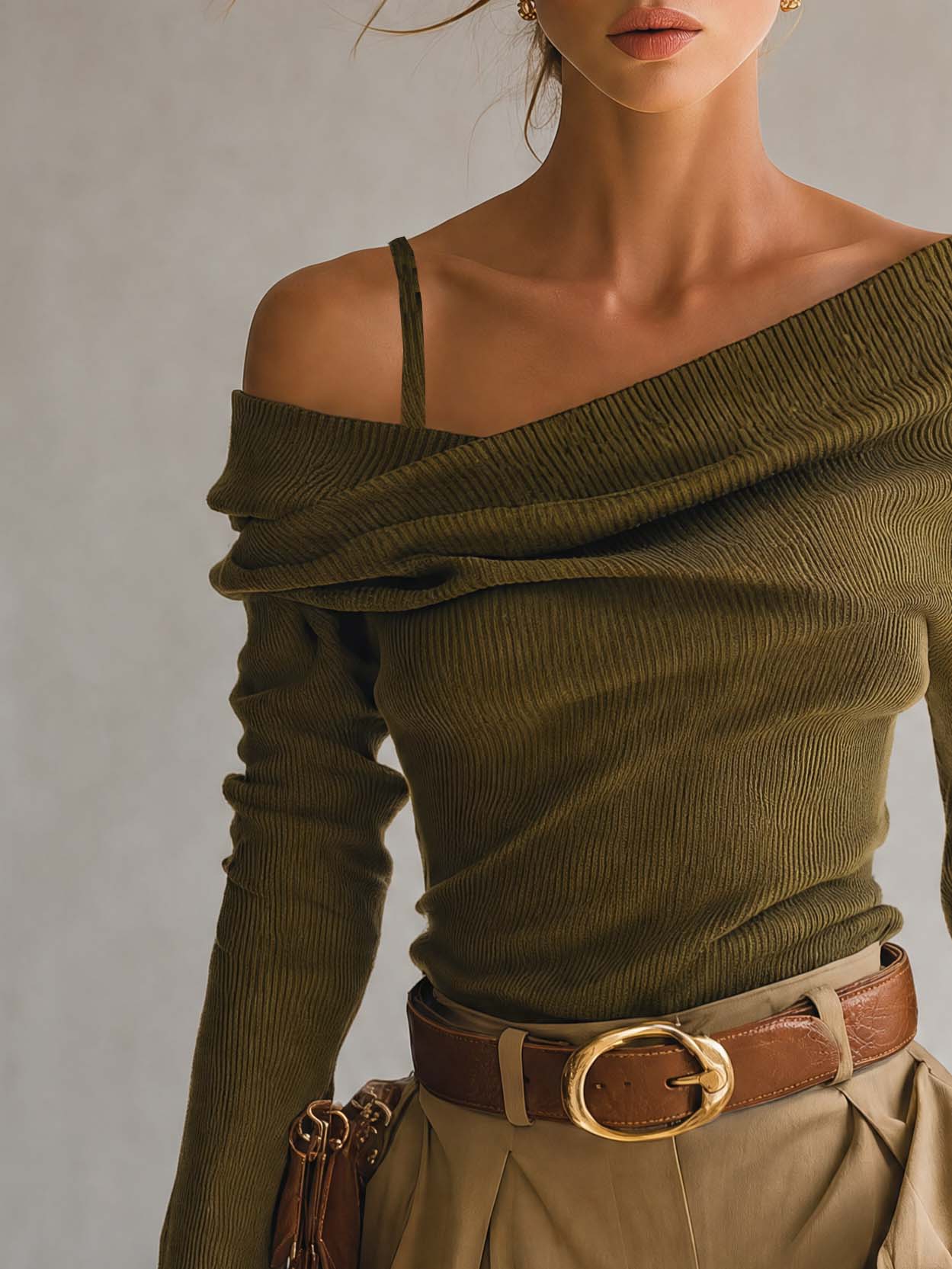 Olive Ribbed Knit Asymmetric Off-Shoulder Foldover Long-Sleeve Fitted Sweater Top Women
