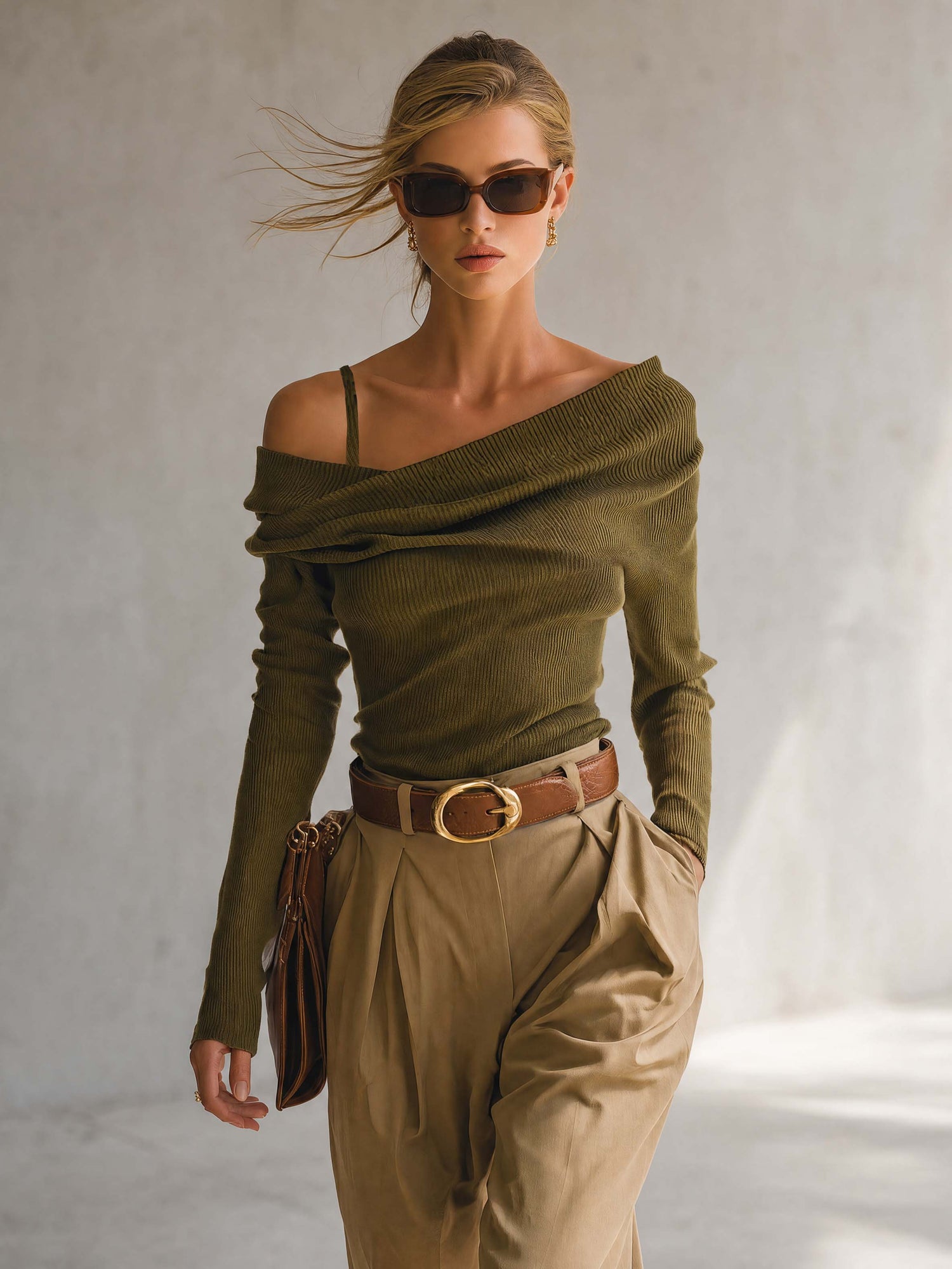 Olive Ribbed Knit Asymmetric Off-Shoulder Foldover Long-Sleeve Fitted Sweater Top Women