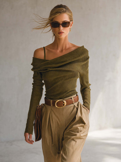 Olive Ribbed Knit Asymmetric Off-Shoulder Foldover Long-Sleeve Fitted Sweater Top Women