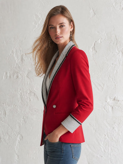 Elegant Urban Striped-Collar Red Blazer