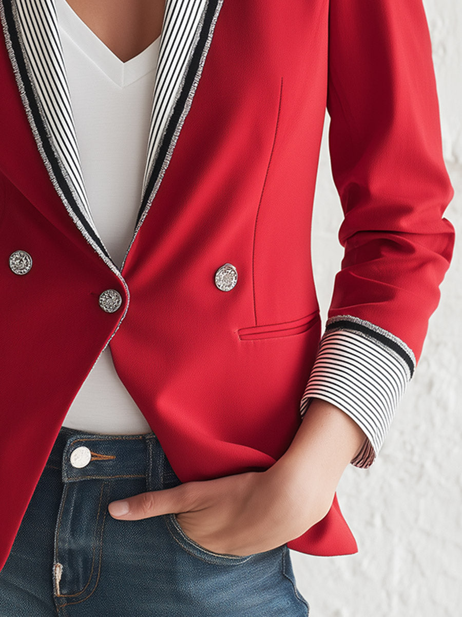 Elegant Urban Striped-Collar Red Blazer
