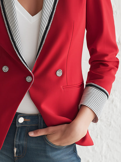 Elegant Urban Striped-Collar Red Blazer