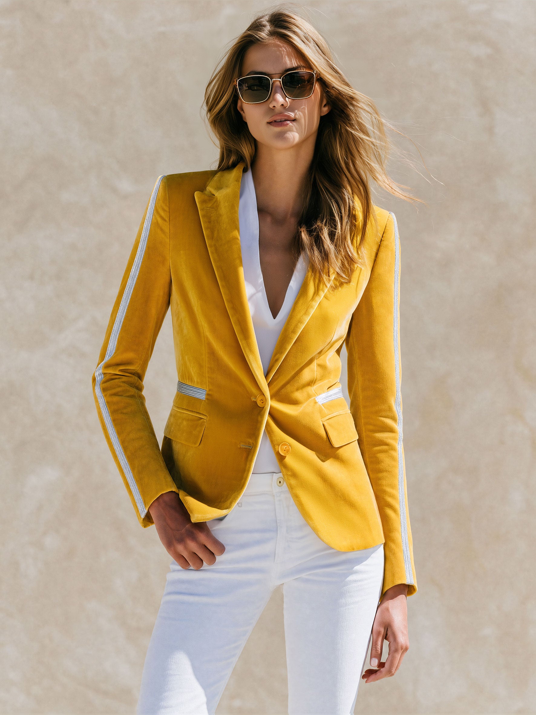 Stylish And Casual Silver Ribbon Yellow Velvet Blazer