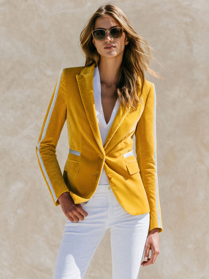 Stylish And Casual Silver Ribbon Yellow Velvet Blazer