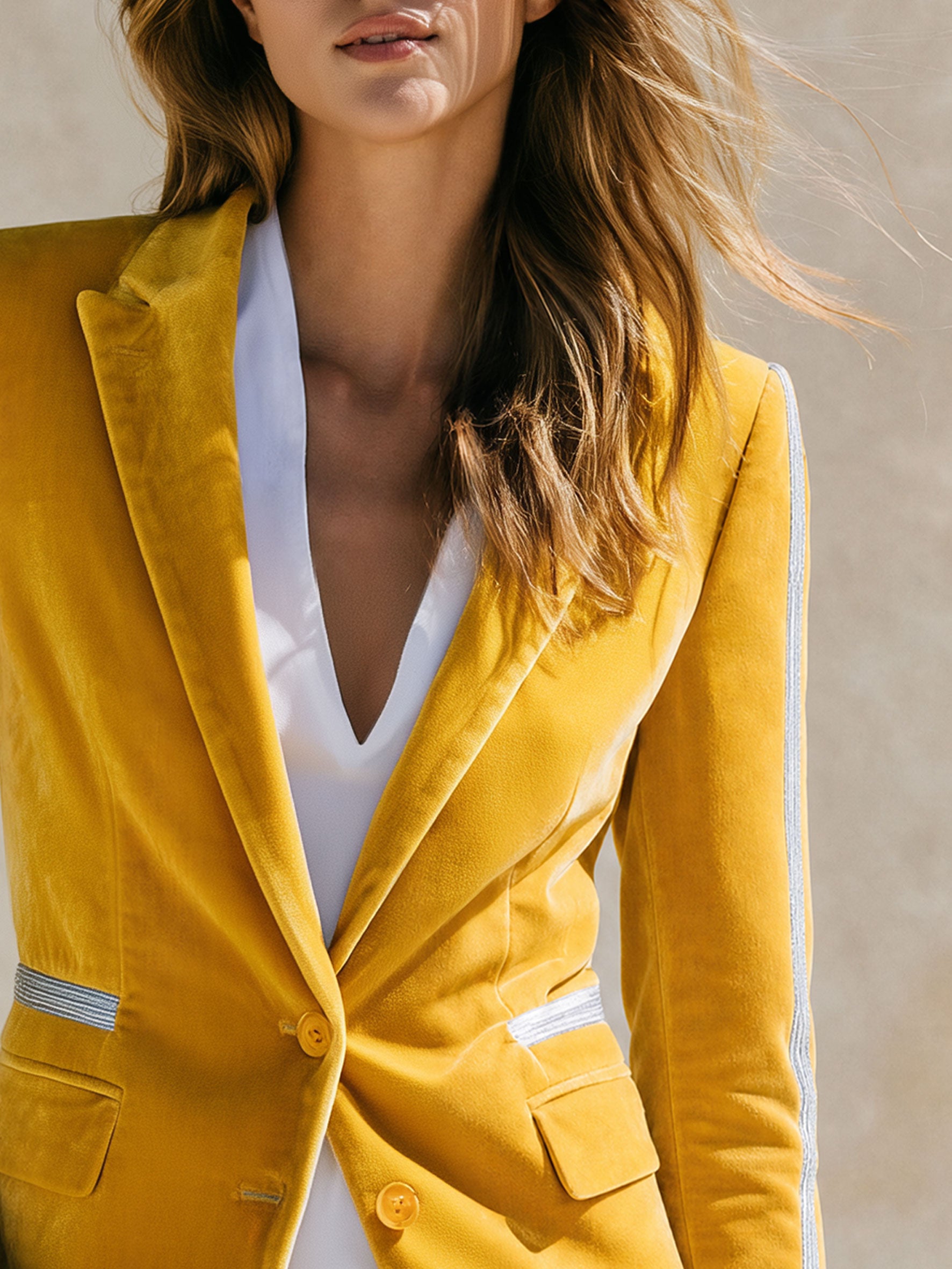 Stylish And Casual Silver Ribbon Yellow Velvet Blazer