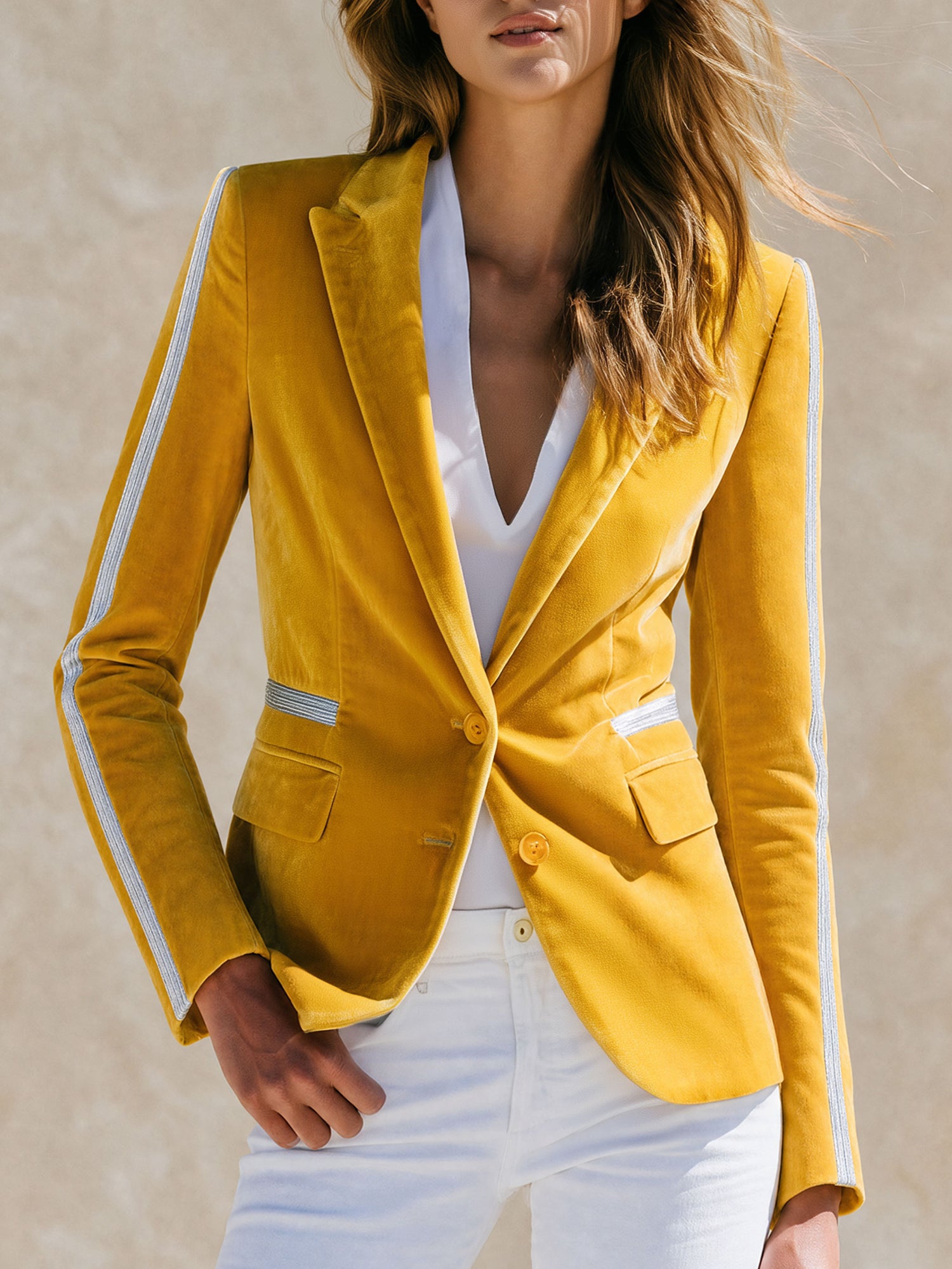 Stylish And Casual Silver Ribbon Yellow Velvet Blazer