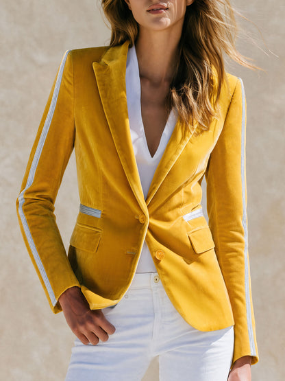 Stylish And Casual Silver Ribbon Yellow Velvet Blazer