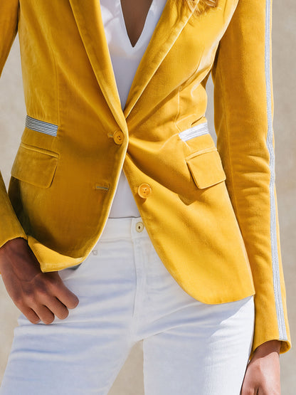 Stylish And Casual Silver Ribbon Yellow Velvet Blazer