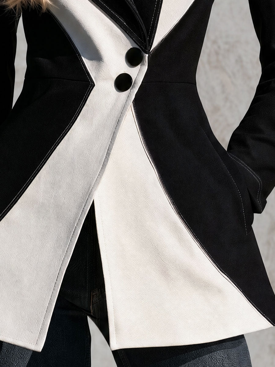 Retro Black And White Color-blocked Collared Button Cotton Blazer