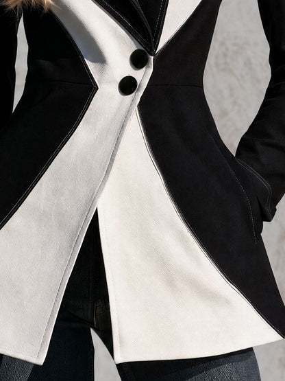 Retro Black And White Color-blocked Collared Button Cotton Blazer