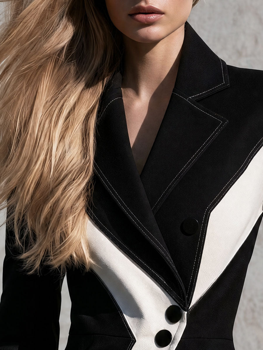 Retro Black And White Color-blocked Collared Button Cotton Blazer