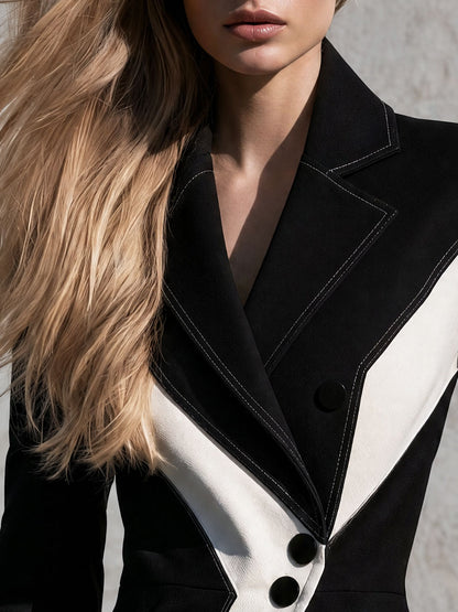 Retro Black And White Color-blocked Collared Button Cotton Blazer