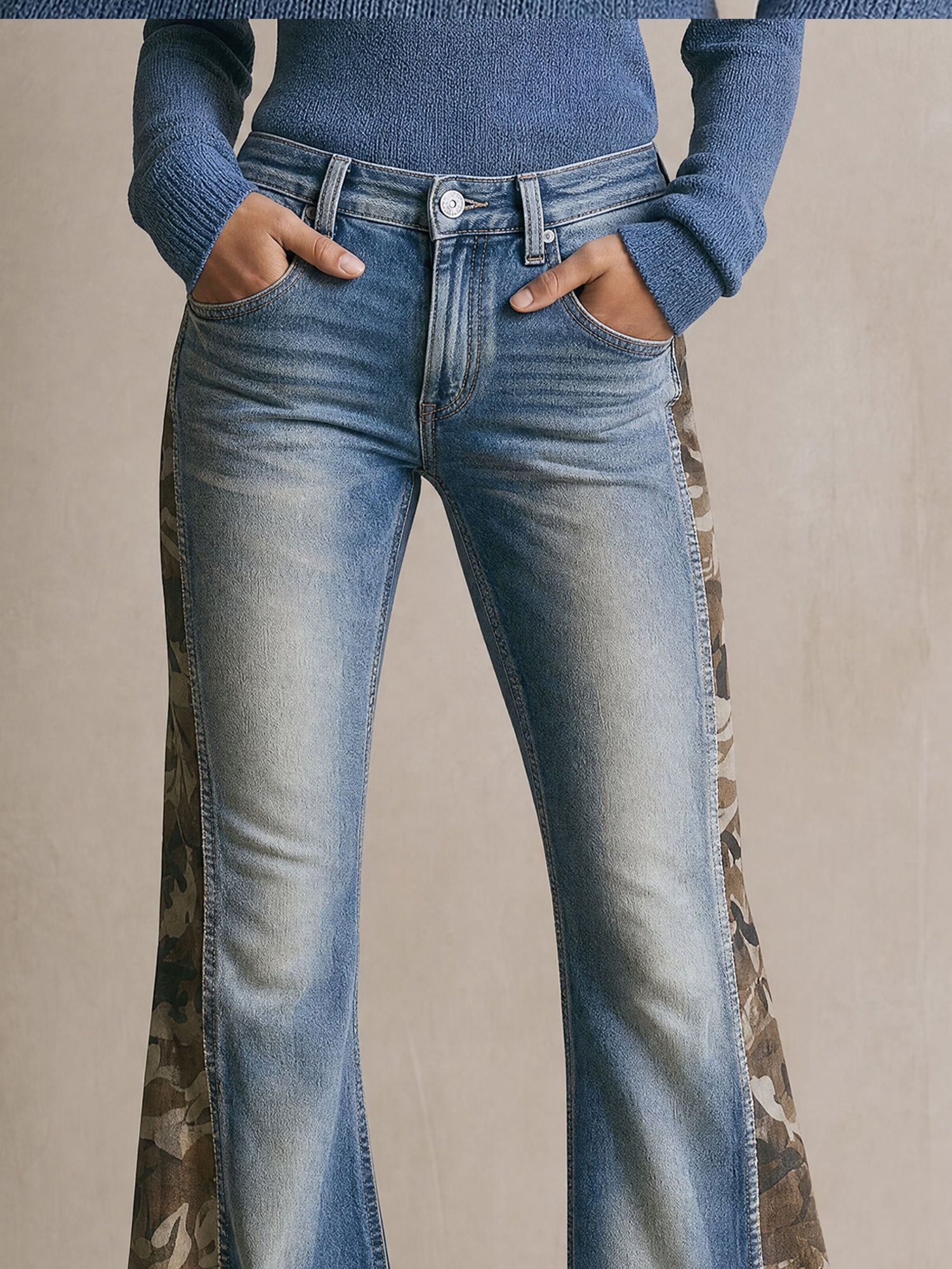 Stylish And Casual Camouflage Blue Flared Jeans