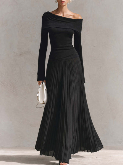 Elegant Black Off-Shoulder Knit Long-Sleeve Drop-Waist Pleated Chiffon Maxi Dress