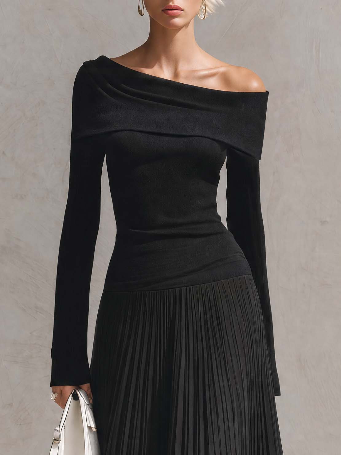 Elegant Black Off-Shoulder Knit Long-Sleeve Drop-Waist Pleated Chiffon Maxi Dress