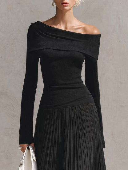 Elegant Black Off-Shoulder Knit Long-Sleeve Drop-Waist Pleated Chiffon Maxi Dress