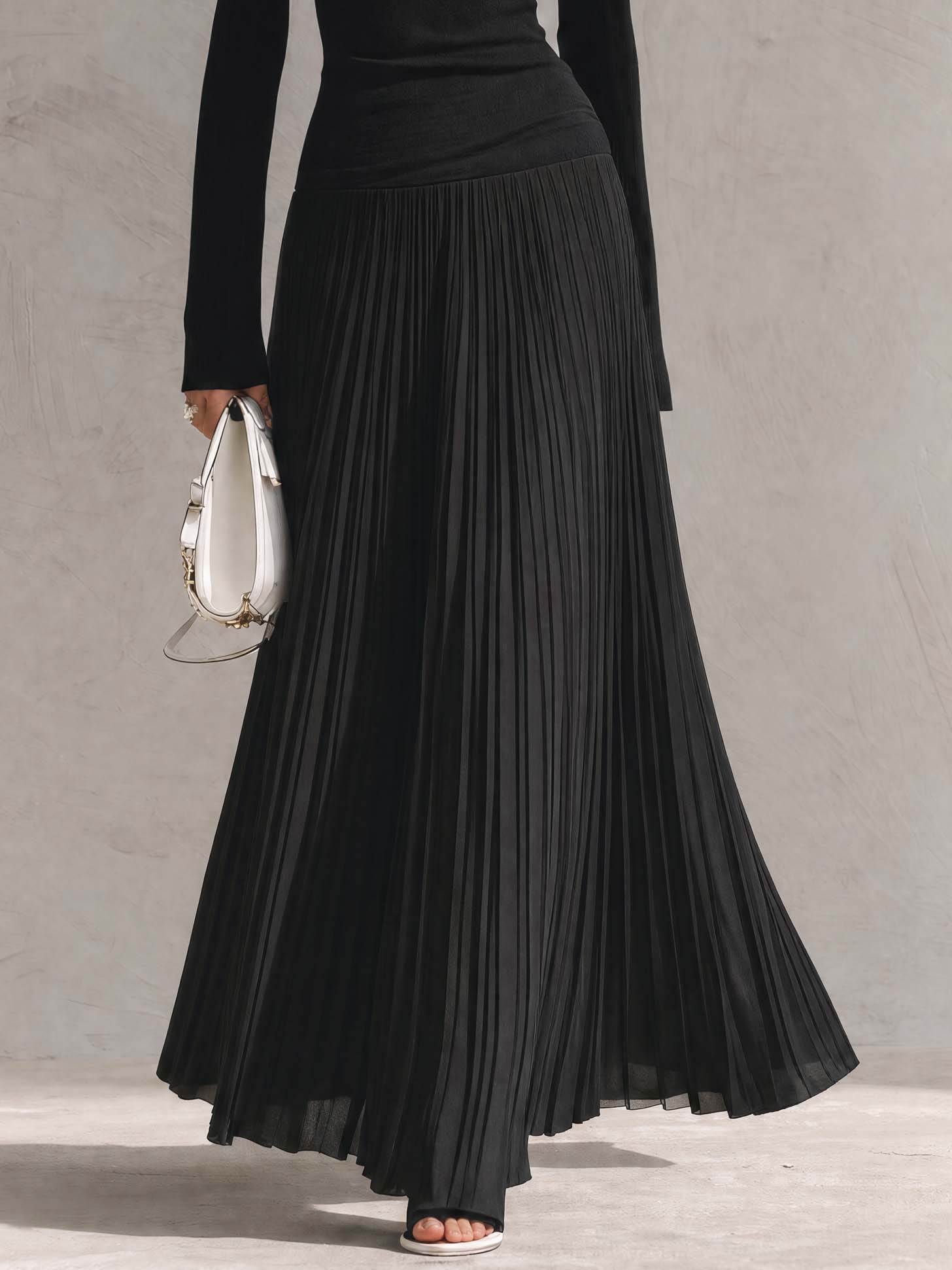 Elegant Black Off-Shoulder Knit Long-Sleeve Drop-Waist Pleated Chiffon Maxi Dress