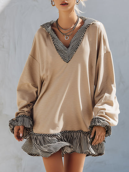 Casual-chic Striped Trim Khaki Cotton Sweatshirt Mini Dress