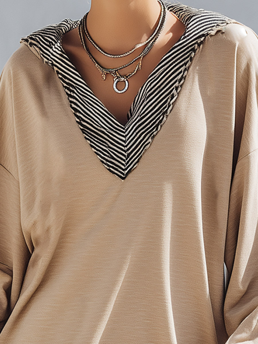 Casual-chic Striped Trim Khaki Cotton Sweatshirt Mini Dress