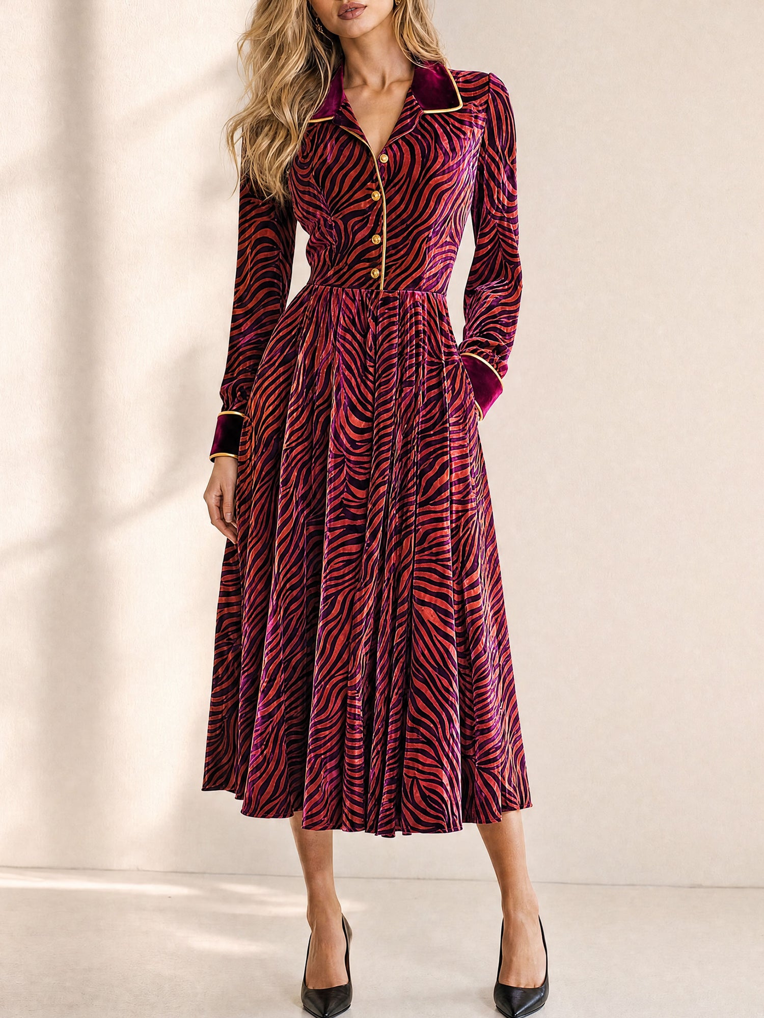 Stylish And Elegant Zebra-print Burgundy Velvet Midi Dress