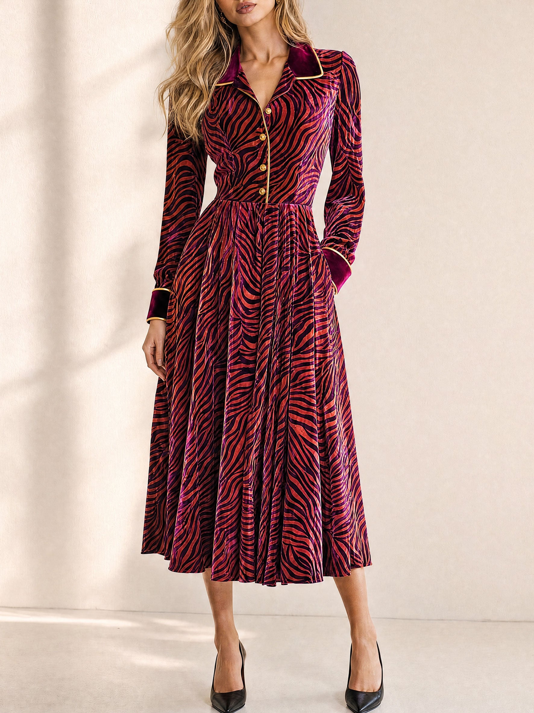 Stylish And Elegant Zebra-print Burgundy Velvet Midi Dress