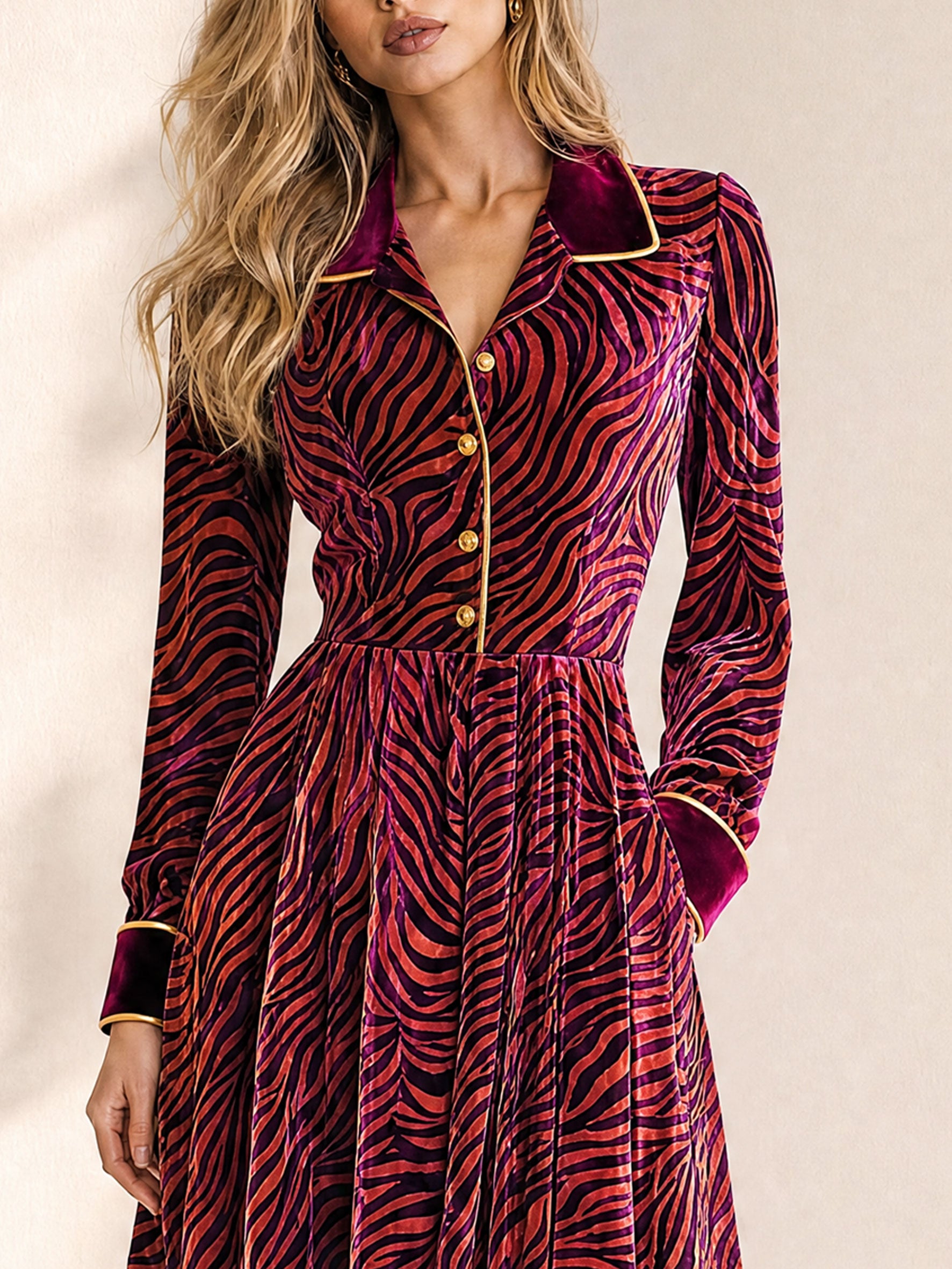 Stylish And Elegant Zebra-print Burgundy Velvet Midi Dress