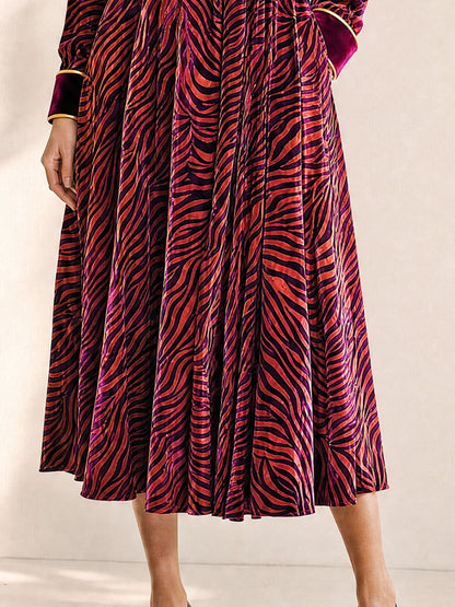 Stylish And Elegant Zebra-print Burgundy Velvet Midi Dress