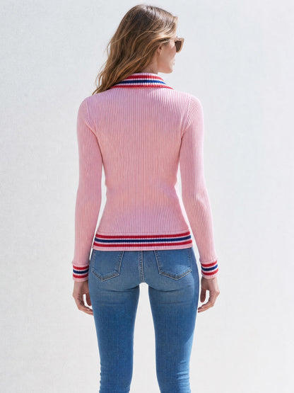 Stylish And Casual Striped Pink Knit Zip-up Jacket