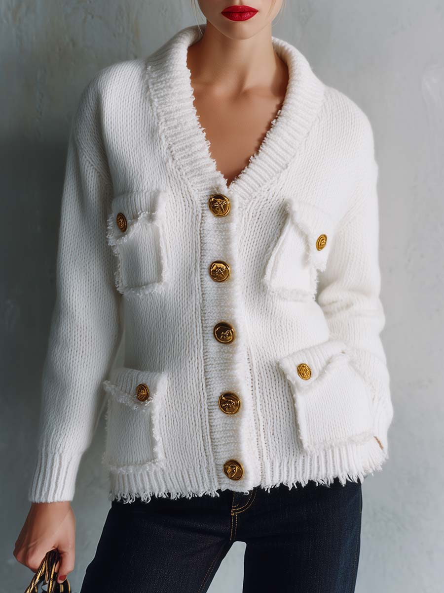 Elegant Vintage V-Neck Front-button Multi-pocket White Knit Cardigan