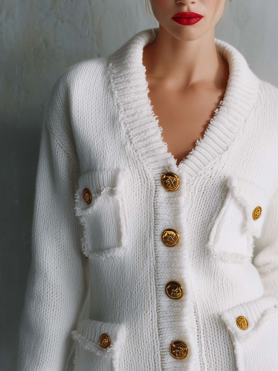 Elegant Vintage V-Neck Front-button Multi-pocket White Knit Cardigan