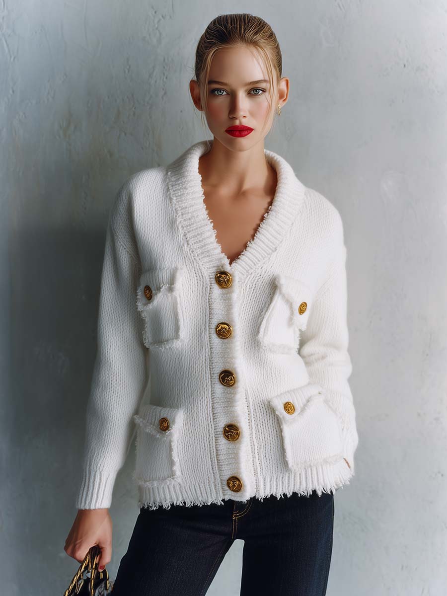 Elegant Vintage V-Neck Front-button Multi-pocket White Knit Cardigan